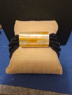 Black Beaded Bracelet with Gold Mother-of-Pearl Accent